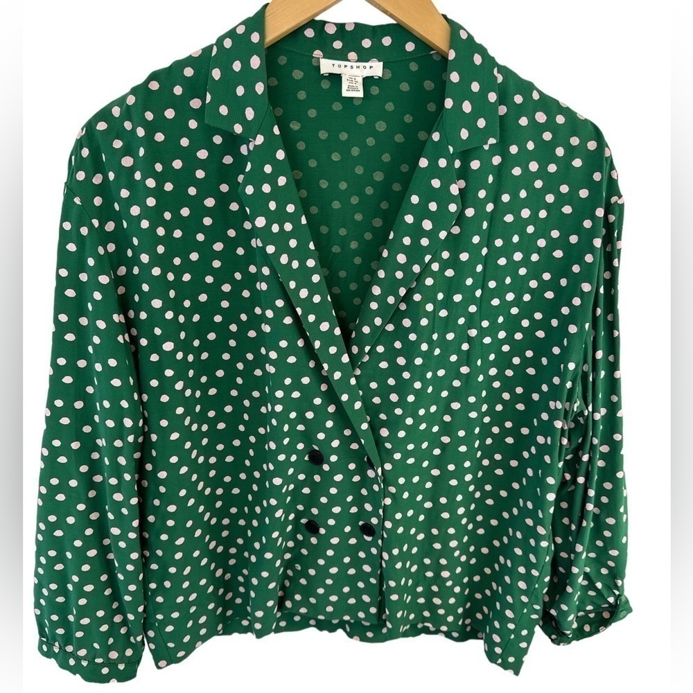 TopShop Kelly Green & Pink Polkadot Button Front Top - Picture 4 of 11
